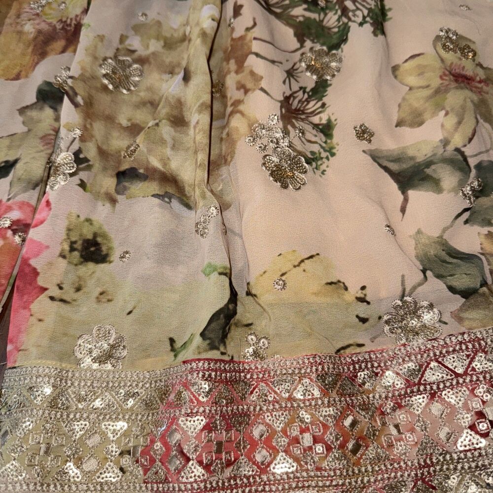 Floral Chiffon Palazzo Pants Wide Leg Beaded Sequin Lined Skirt Look Boho L - Picture 4 of 11